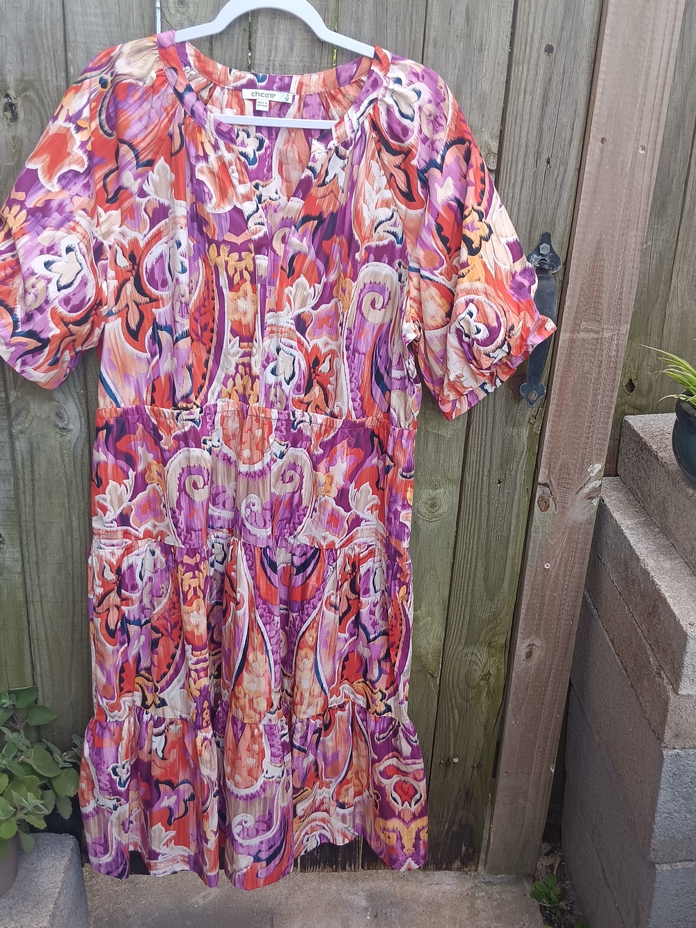 Chico's Vibrant Paisley Midi Dress in Purple, Orange & Cream